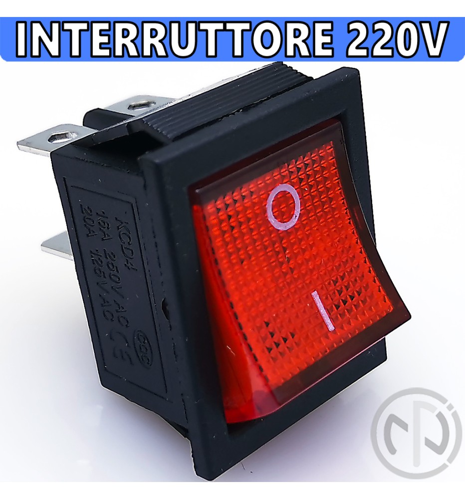 Interruttore 220v BIPOLARE ON/OFF a bilanciere da pannello con LUCE ROSSA  16A 250V